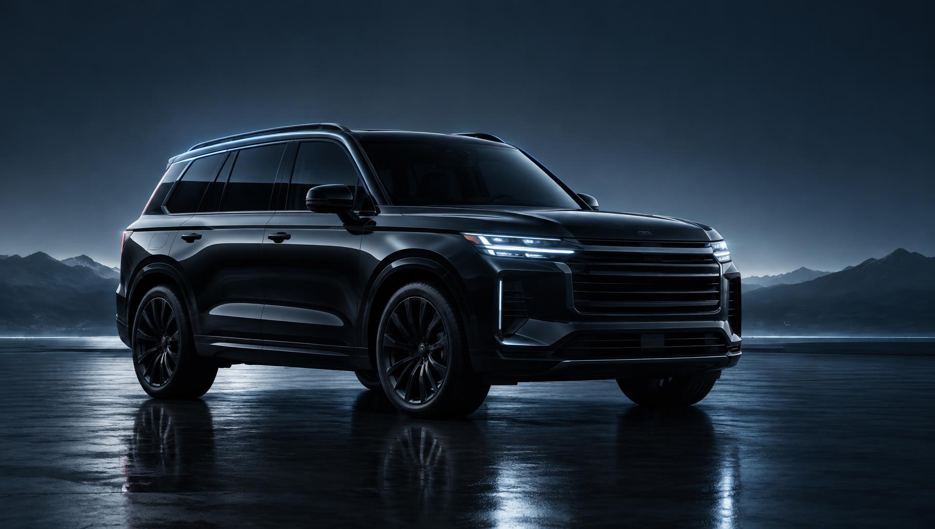 Black luxury SUV in sculptural steel-blue light with refined reflections